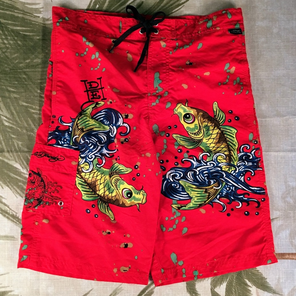 Ed Hardy Koi Fish Board Shorts Swim Trunks Size M